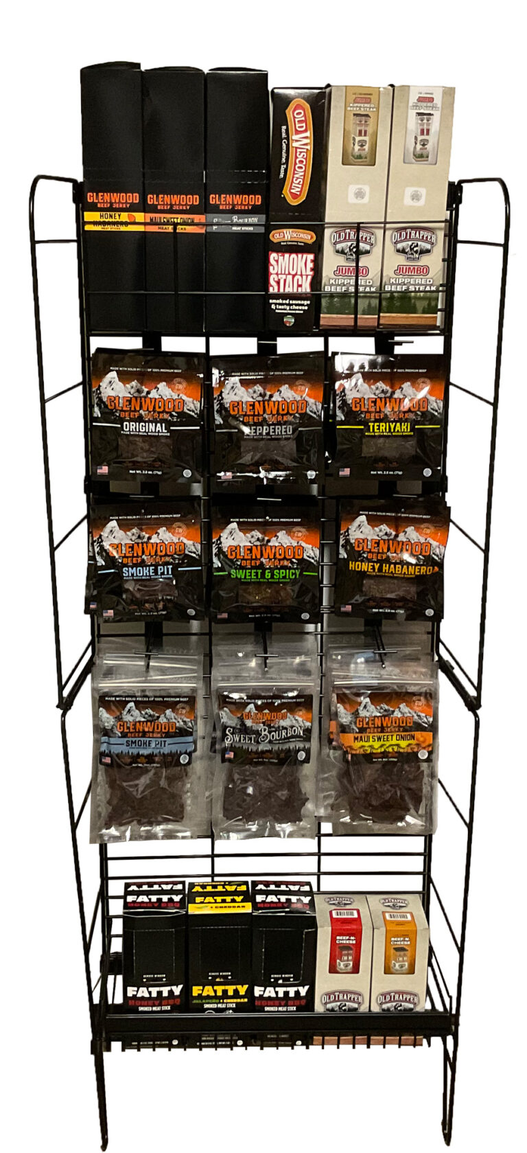 A variety of packaged snack foods arranged on a store shelf.